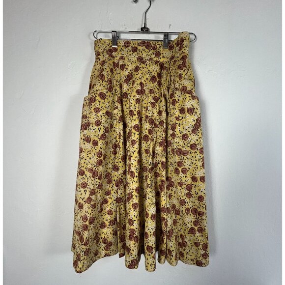 Plenty By Tracy Reese Women Size 4 Floral A-Line Midi Skirt Yellow Brown Pockets - Picture 1 of 9